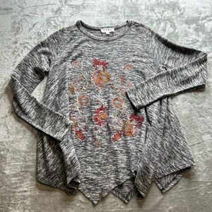 THML Heather Gray Floral Embroidered Long Sleeve Top
